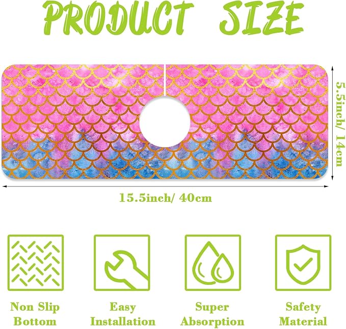 Sink Splash Guard Faucet Mat Watercolor Fish Scales Absorbent Fast Drying Mat Sink Gadgets Splash Guard Behind Faucet Drip Catcher for Kitchen Bathroom 15.5"X5.5"