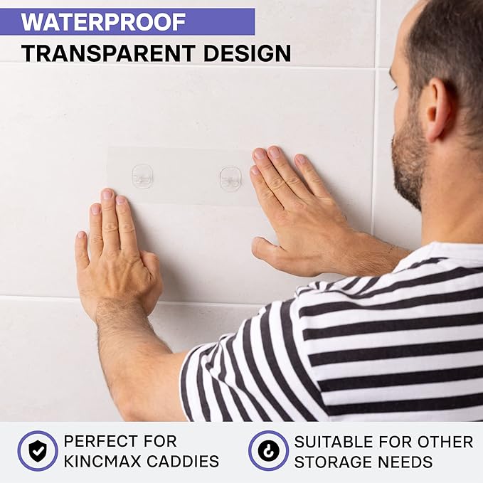 KINCMAX 2 Packs Strong Sticky Waterproof Heavy-duty Wall Adhesives Nail Free Transparent Adhesive Pad No-trace Wall Stick Adhesives Hook Strip for Shower Caddy, Kitchen Racks, Bathroom Storage Shelves