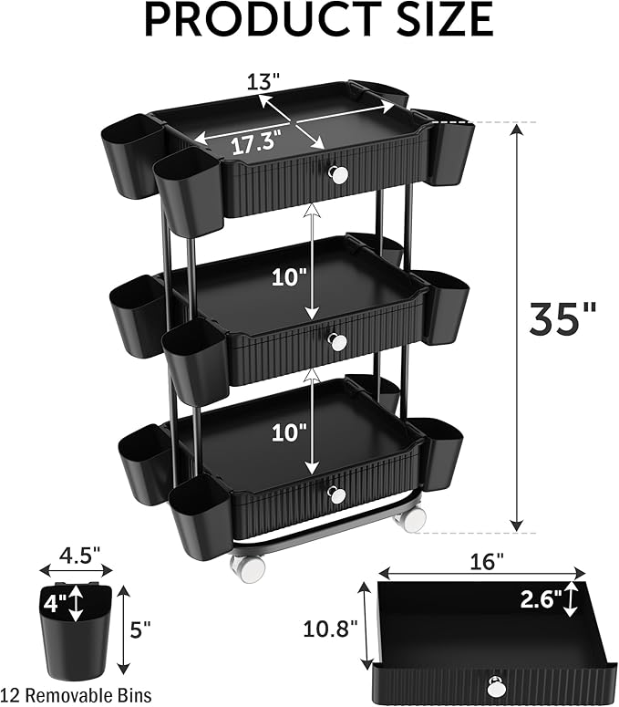 3 Tier Drawer Shelf Beauty Cart with 12 Movable Storage Organizer, Thickened Durable ABS, 360° Wheels for Salon Station for Hair Stylist, Beauty Salon, Spa Massage Parlor, Makeup Organizer - Black