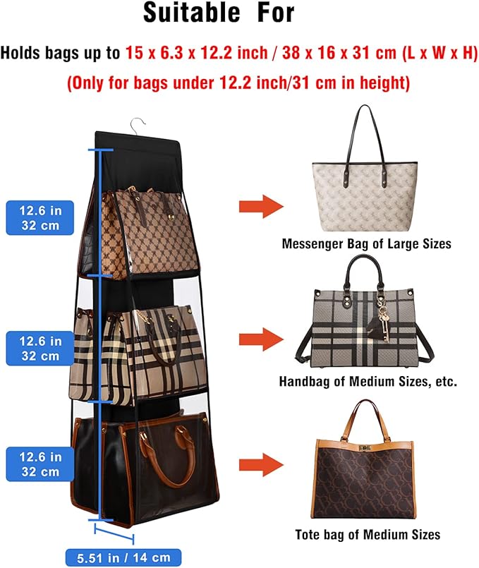 Lirex Medium and Large Handbag Hanging Purse Organizer for Closet, Handbag Storage Organizer Hanger Oxford Cloth Closet Organizer for Family Closet Bedroom, Foldable and Universal Fit, Black