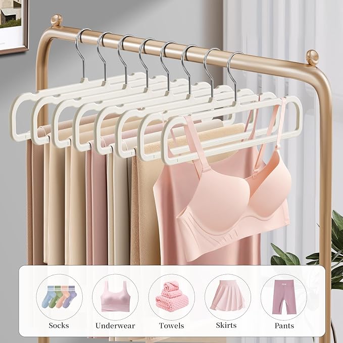 HUADYMEET 14 Inch Soft-Touch Pants Hangers Non Slip, 20 Pack Slim Silky Feel Jeans Trousers Shorts Hangers with 10 Hooks,Strong Durable Thin Space Saving Clothes Hanger for Men Women,Skirts(Beige)