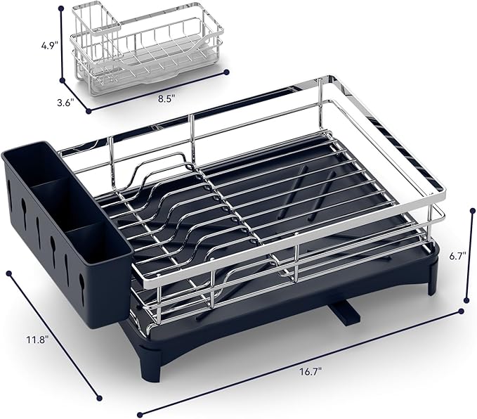 Dish Drying Rack, 304 Stainless Steel Dish Racks for Kitchen Counter with Cutlery Holder & Sponge Holder, Large Dish Drainer with Removable Drainboard, 11.8''W x 16.7''L (Stainless Steel)