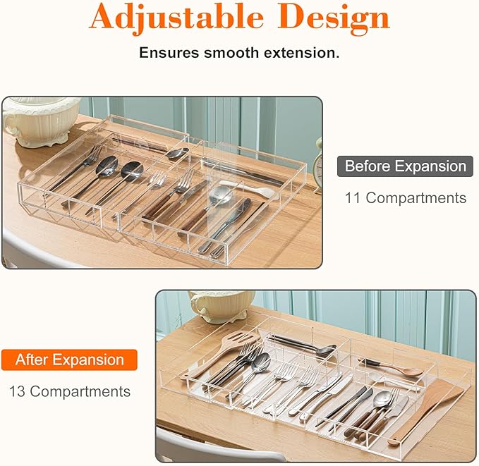 Kathfly Large Clear Expandable Silverware Drawer Organizer, Acrylic Adjustable 21.4 to 36 Inches Wide Utensil Tray for Kitchen Flatware and Cutlery Holder for Spoons Forks Knives, 13 Compartments