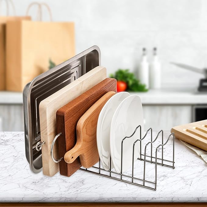 Pot Lid Organizer, Kitchen Pot Lid Rack Holder, Rest Cutting Board, Baking Sheet, Stainless Steel (Silver, 1)
