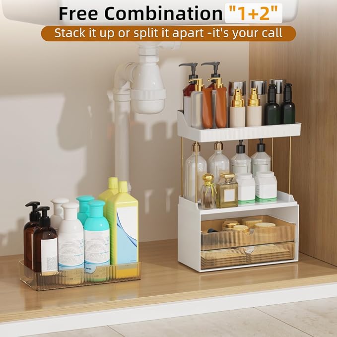 2 Sets 6 Drawers Makeup Organizer – 5 Tier Bathroom Organizers and Storage, Versatile Perfume Vanity Organizer, Ideal for Cosmetic, Large Skincare, Face Mask, Office Supplies, Amber