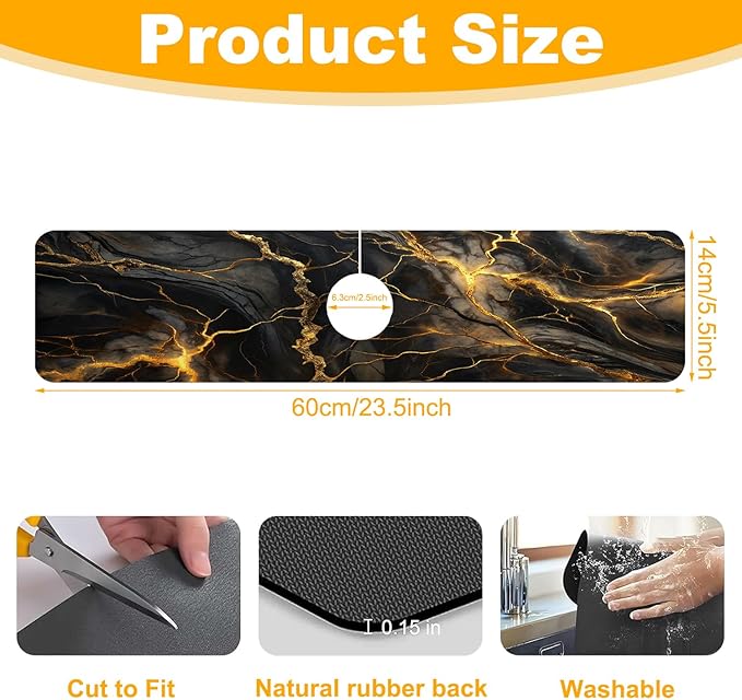 2 Pack Marble Texture Sink Splash Guard Faucet Mat Liquid Gold Marble Texture Super Absorbent Fast Drying Mat Sink Gadgets-Splash Guard Behind Faucet Drip Catcher for Kitchen Bathroom, 23.5"x5.5"