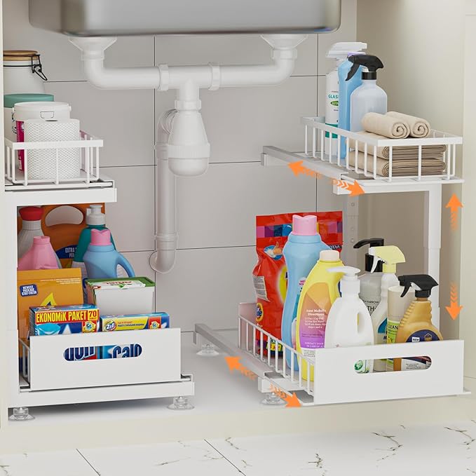 Under Sink Organizer, Heavy Duty Metal Pull Out Cabinet Organizer Slide Out Sink Shelf Organizer Height Adjustable, Multi-Purpose Storage Shelf for Kitchen Bathroom(White,2Pack)