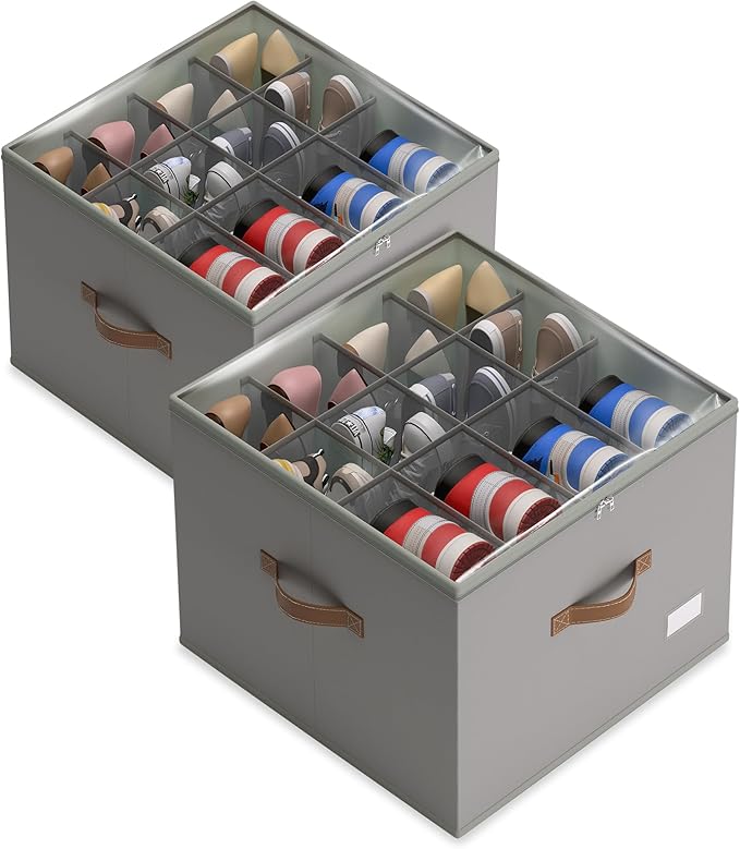 Shoe Organizer for Closet,2 Pack Shoe Storage Bins Foldable Shoe Storage Box Containers with Clear Cover and Sturdy Handles,Shoe Rack for Closet Storage for Sneakers Heels Slippers (Grey)