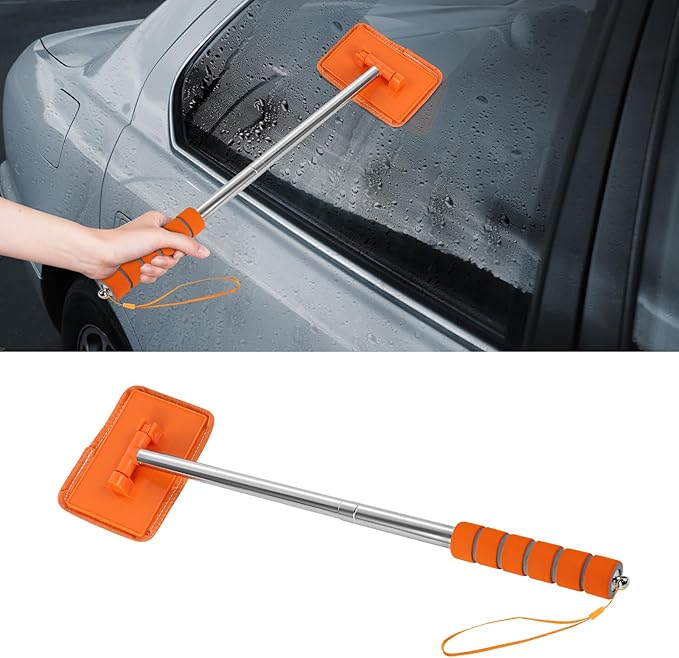 Car Windshield Cleaning Tool, Car Windshield Window Cleaner, Auto Glass Wiper Tool with Extendable Handle & Reusable Microfiber Pad, Universal Vehicle Cleaning Car Accessories (Orange)