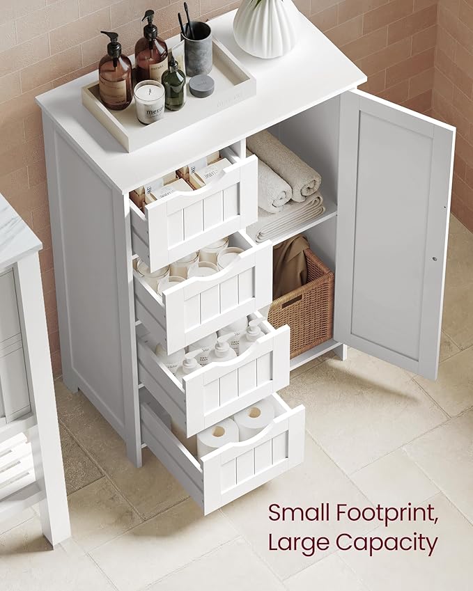 VASAGLE Storage Cabinet with Drawers, Freestanding Floor Cabinet with Door, 13.8 x 25.6 x 35.4 Inches, Adjustable Shelf, for Bathroom, Living Room, Kitchen, Cloud White ULHC042WH01S