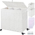 Greenstell Laundry Hamper with Wheels&Lid,130L Large 3 Sections Clothes Hamper with 2 Types Removable Liner Bags, 5 Mesh Laundry Bags, Handwoven Divided Laundry Basket White