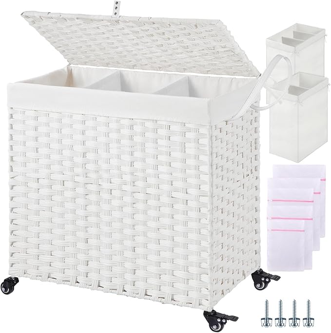 Greenstell Laundry Hamper with Wheels&Lid,130L Large 3 Sections Clothes Hamper with 2 Types Removable Liner Bags, 5 Mesh Laundry Bags, Handwoven Divided Laundry Basket White