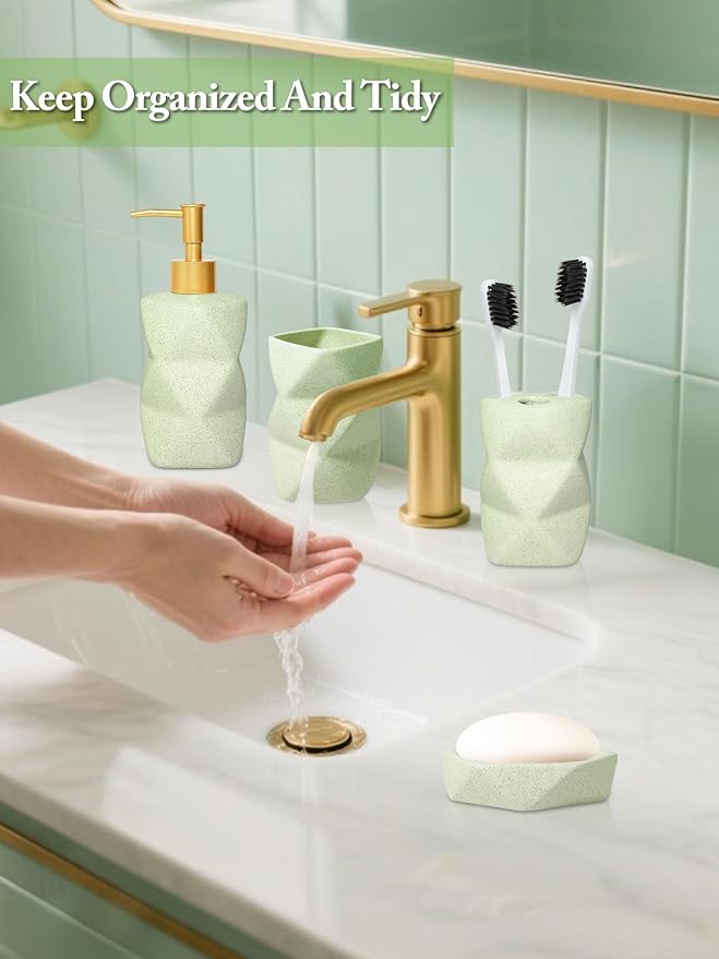 Ceramic Bathroom Accessories Set, 4-Piece Green Bathroom Set Complete with Soap Dispenser Set, Toothbrush Holder, Tumbler & Soap Dish – Bathroom Sets Accessories for Home, Apartment, Idea