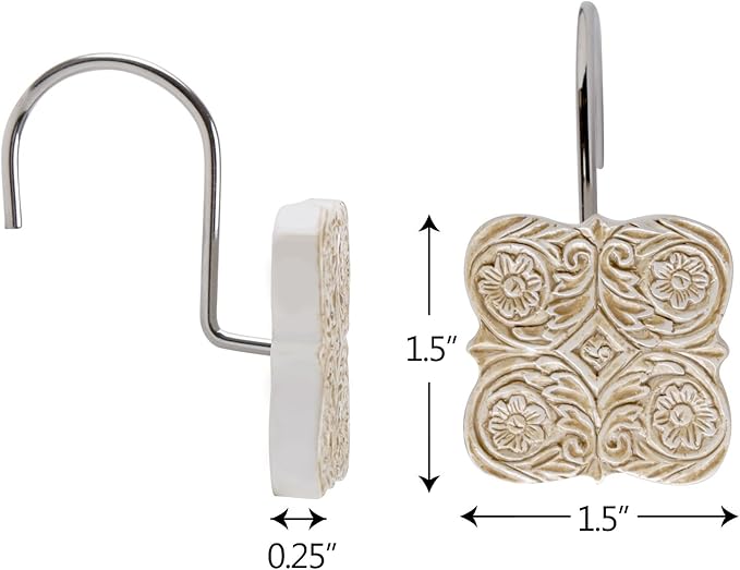 Creative Scents Victoria Beige Shower Curtain Hooks - Set of 12 Shower Curtain Rings for Bathroom Shower Rod - Decorative Shower Hooks for Shower Curtain