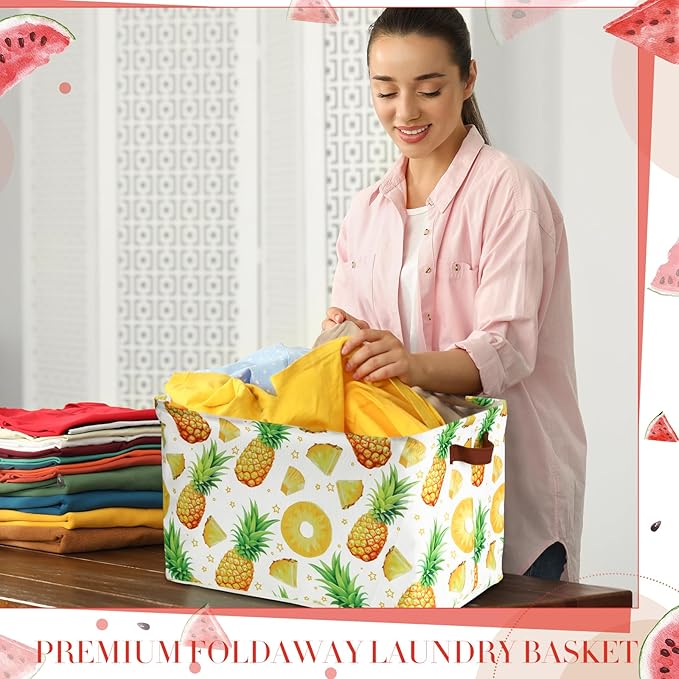 Boao 3 Pack Fruit Pattern Storage Basket with Handles, Large Collapsible Canvas Storage Bins, Cute Rectangle Laundry Basket Organizer for Kids Room, Playroom, Bedroom, Closet, Kitchen, Nursery Decor