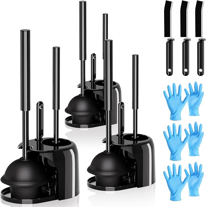 3PACK 4 in 1 Toilet Brush and Plunger Set with Crevice Cleaning Brush, Toilet Plunger and Brush Set with Extra Long Handle, Plungers for Bathroom Accessories, Toilet Plunger with Holder, Black
