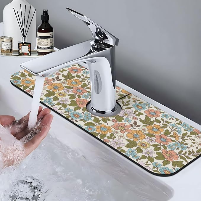 Faucet Draining Mat For Kitchen Sink, Colorful Flowers Floral Diatom Mud Absorbent Drain Pad For Bathroom Kitchen Sink Splash Guard Drying Mat