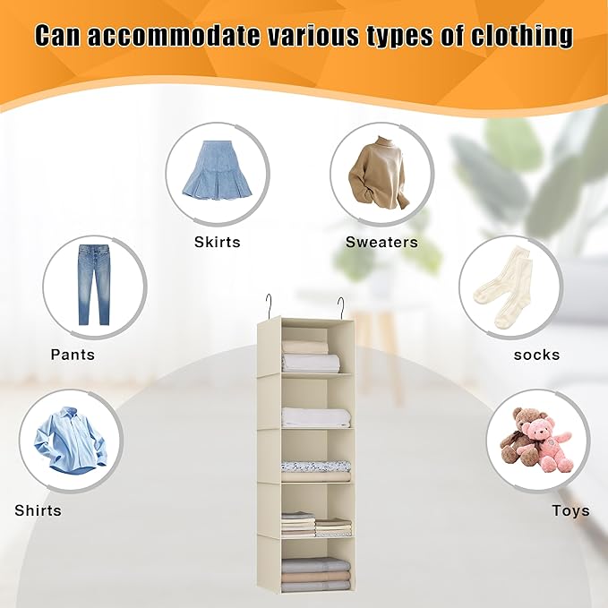 Hanging Closet Organizer, Easy Mount Foldable 5-Shelf Hanging Closet Wardrobe Storage Shelves, Clothes Handbag Shoes Accessories Storage, Washable Oxford Cloth Fabric, Beige