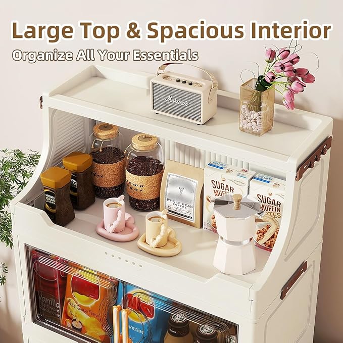 217QT Stackable Storage Bins with Lids & Rack, 5 Tier Large Capacity Foldable Storage Cabinet, Clear Collapsible Pantry Organizer for Home, Kitchen, Bathroom, Dorm, Office