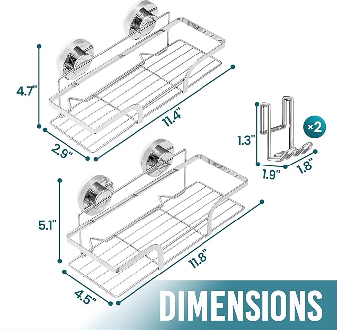 TAILI Shower Caddy Suction Cup 2 Pack, Heavy Duty Bathroom Basket, Bath Shelves for Inside,Stainless Steel Shower Holder Organizer for Bathroom Storage & Home Decor,No Drilling,Silver