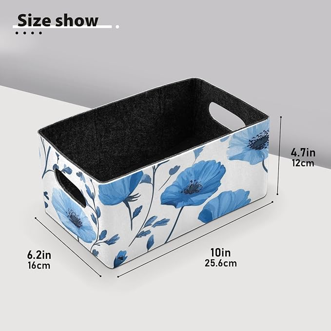 Blue Poppy Flowers Closet Storage Bins 2 Pcs Felt Open Home Storage Containers Organizer with Handles Collapsible Shelf Basket for Home Office Craft Room Classroom Fabric