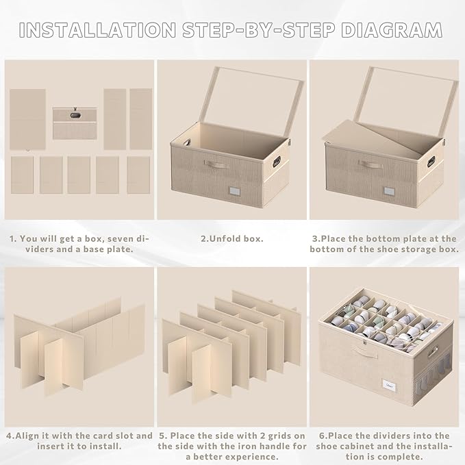 Shoe Organizer for Closet, Shoe Box Storage Containers Fit 18 Pairs Foldable Shoe Storage Bins with Clear Cover & Adjustable Dividers for Shoes Blankets Linen Clothing (Beige, (24.4*16.5*12.9)x1)