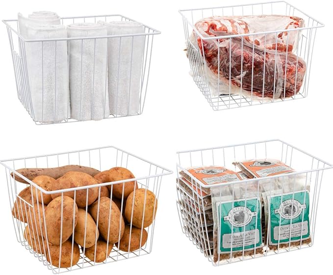 Freezer Wire Baskets, Kitchen Storage Organizer Bins for Chest and Upright Freezer, Refrigerator Dividers Containers with Handles - Pearl White (4)