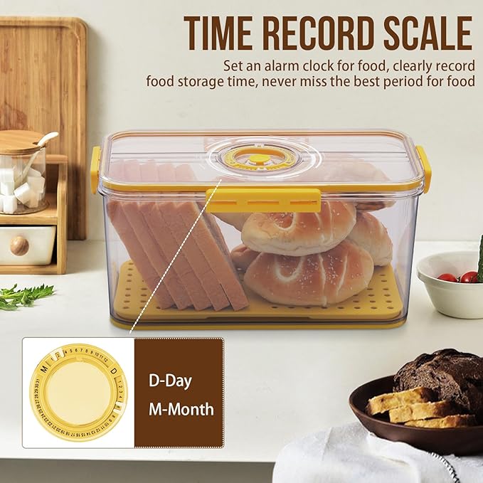 Bread Box Airtight Bread Boxes for Kitchen Counter, Time Recording Bread Storage Container with Lid, Bread Holder for Homemade Bread, Toast, Bagel, Donut and Cookies, Yellow