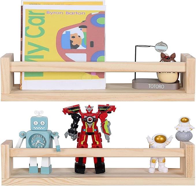 Nursery Book Shelves, Set of 2 Wood Floating Book Shelves for Kids Room, Kitchen Spice Rack, or Rustic Wall Mounted Shelves for Farmhouse Bathroom Décor (Natural Wood)
