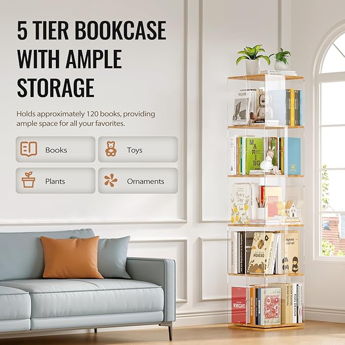 5-Tier Rotating Bookshelf, 360° Spinning Book Shelf Tower with Solid Wood & Clear Acrylic, Square Revolving Bookcase for Kids Room, Living Room, Bedroom and Office