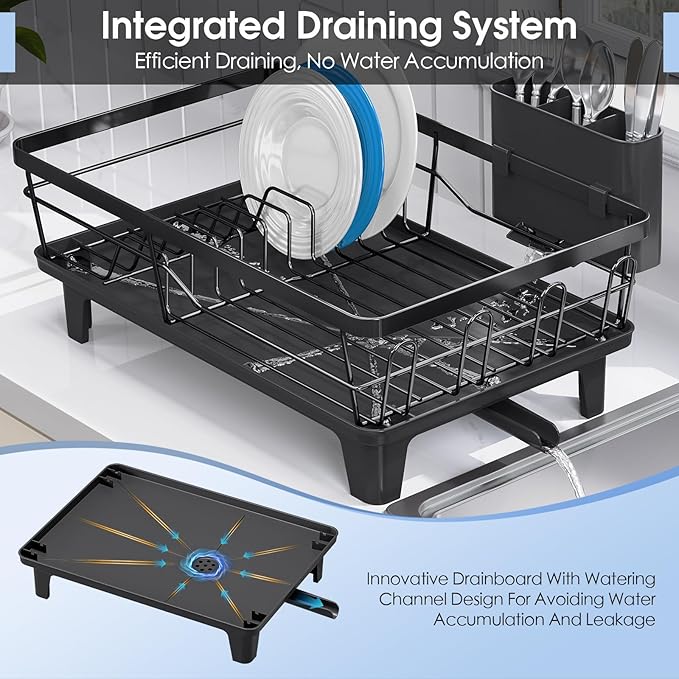 Dish Drainers for Kitchen Counter - Large Capacity Dish Drying Rack with Drainboard, Rustproof & Sturdy Design, Black Dish Rack Perfect for Plates, Cups & Kitchen Countertop Organization