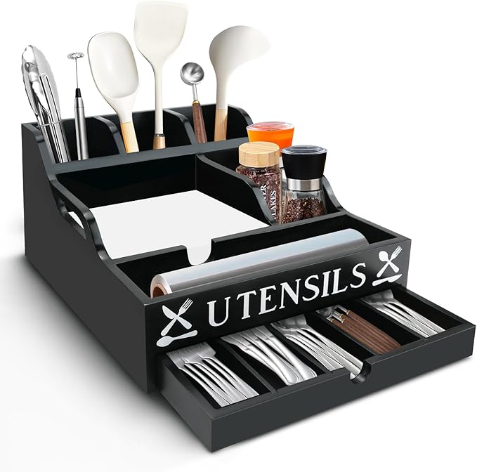 Kitchen Utensil Holder, Lagre Wooden Cooking Utensil Holder, Farmhouse Spatula Organizer, Countertop Utensil Crock for Forks Spoons Knives Kitchen Cooking Tools Storage with 11 Compartments(Black)