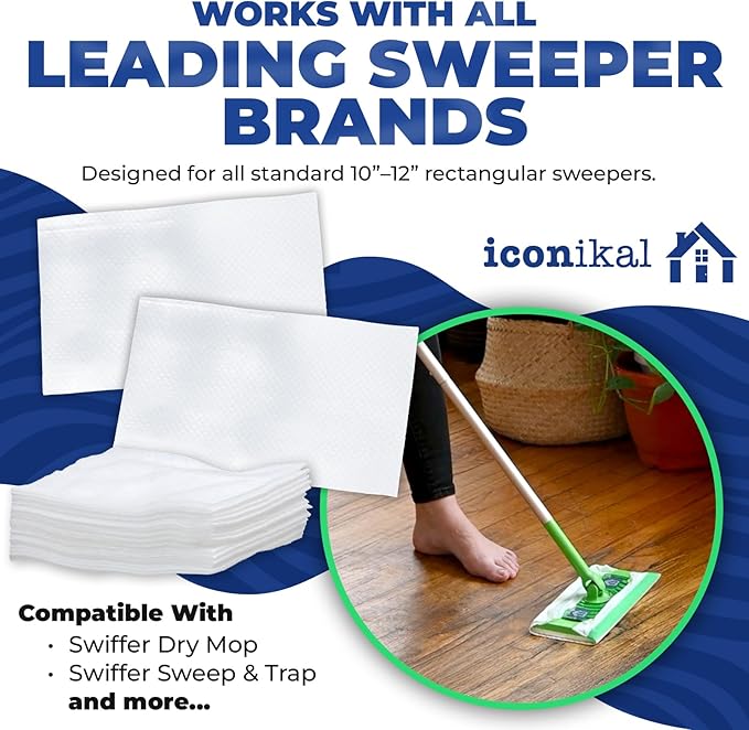 Iconikal Dry Mop Pad Refills (90-Pack) | Fits Swiffer Dry Sweeping Cloths for Dirt, Dust, Hair | Use for Swiffer Pads Refill | Unscented, Disposable Mop Pads for Sweeping, Mopping, Dusting, 11.5" x 8"