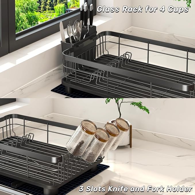 Godboat Dish Drying Rack, Dish Rack with Auto-Drain & Mat, Dish Drainers for Kitchen Counter, Glass Organizer for 4 Cups, 3 Slots Utensil Holder,Gifts for Women Mothers Day, Kitchen Gadgets & Decor