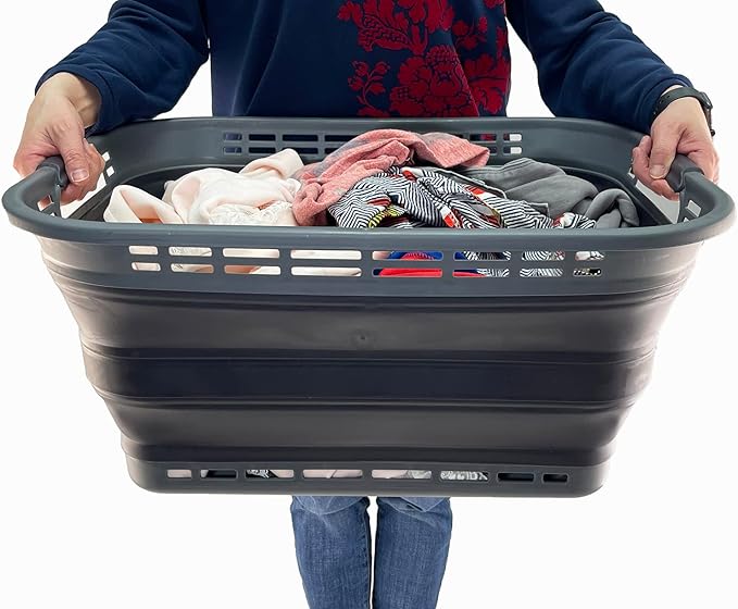 SAMMART 42L (11 Gallons) Collapsible Plastic Laundry Basket - Foldable Pop Up Storage Container/Organizer - Portable Washing Tub - Space Saving Hamper/Basket [BPA Free] (Grey/Nive Iron (Set of 2))