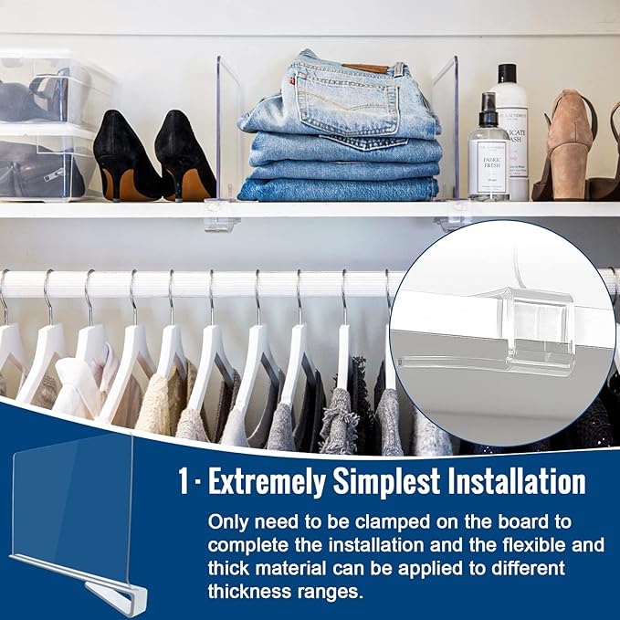 BAUMFEUER 4 Pack Clear Acrylic Shelf Dividers for Closet Shelf Organizer of Bedroom Kitchen Office Bathroom Organizer for Clothes Books Hats and Handbags