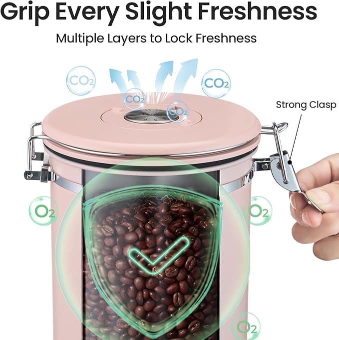 Veken Coffee Canister, 39OZ Large, Airtight Stainless Steel Food Storage Container for 2.2lbs Coffee Beans, Ground, Sugar, Tea, Cookie,Flour, Kitchen Bar Accessories with Date Tracker & Scoop, Pink
