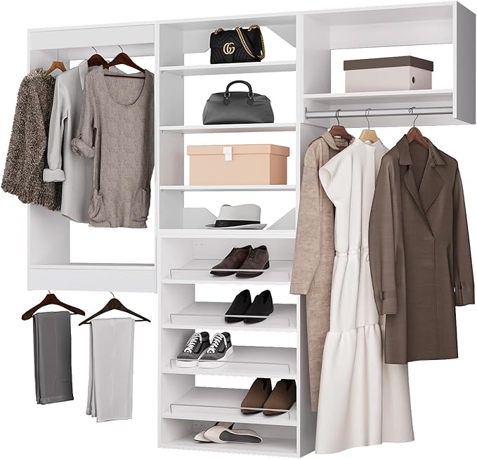 ROOMTEC Modular Closet System, 66" Wall Mounted Modern Closet Organizer with Hanging Rods and Shoe Shelf, Wooden Tower for Walk-In Closets, Wardrobe Storage Kit, White