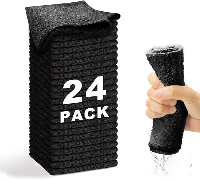 WEAWE Microfiber Cleaning Cloth-24Pcs (13x13 inch) Ultra Soft Highly Absorbent Rags for Housekeeping-Machine Wash (Black)