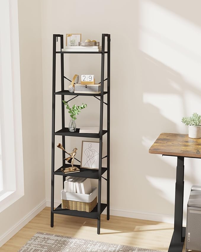 Ladder Shelf, Bookshelf Bookcase, Freestanding Corner Storage Shelve with 2 Hooks for Home Office, Living Room, Kitchen, Bedroom, Industrial, 11.8" D x 17.3" W x 63" H, Black BC19204B
