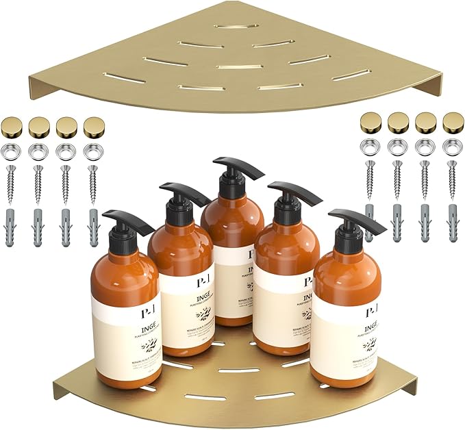 LFBA 2 Pack Corner Shower Shelves Load Capacity 40 lbs 304 Stainless Steel Shower Corner Shelf Will not Rust 8in Shower Shelf for Inside Shower Brushed Gold Drilling Installation