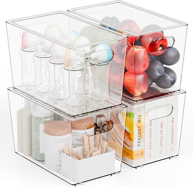 Yieach 4 Pack Stackable Clear Storage Bins with Lids,Large Pantry Bins Organization and Refrigerator Organizer with Handle,BPA FREE Kitchen Storage Containers and Cabinet bins for Organizing Snack,Toy