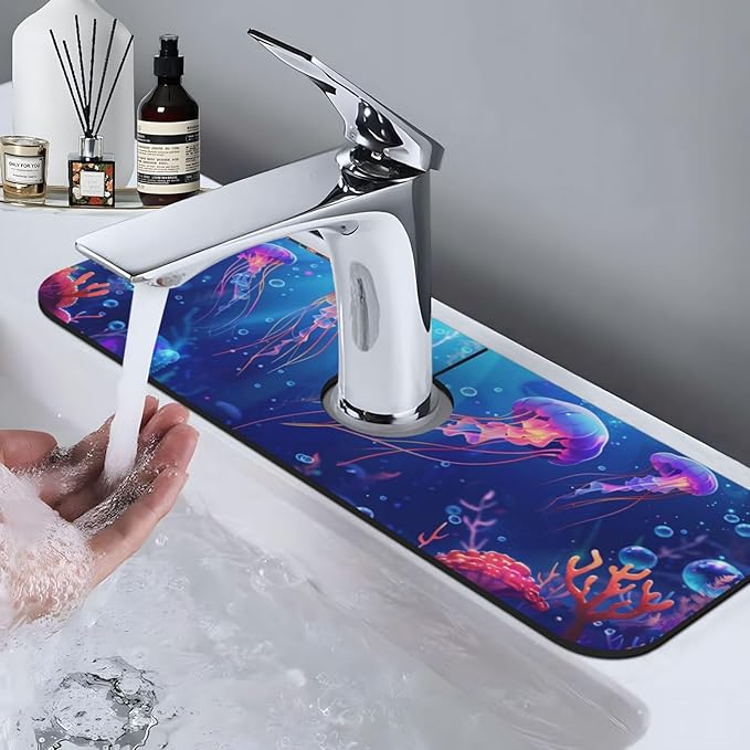 Faucet Draining Mat For Kitchen Sink, Ocean Jellyfish Corals Diatom Mud Absorbent Drain Pad For Bathroom Kitchen Sink Splash Guard Drying Mat