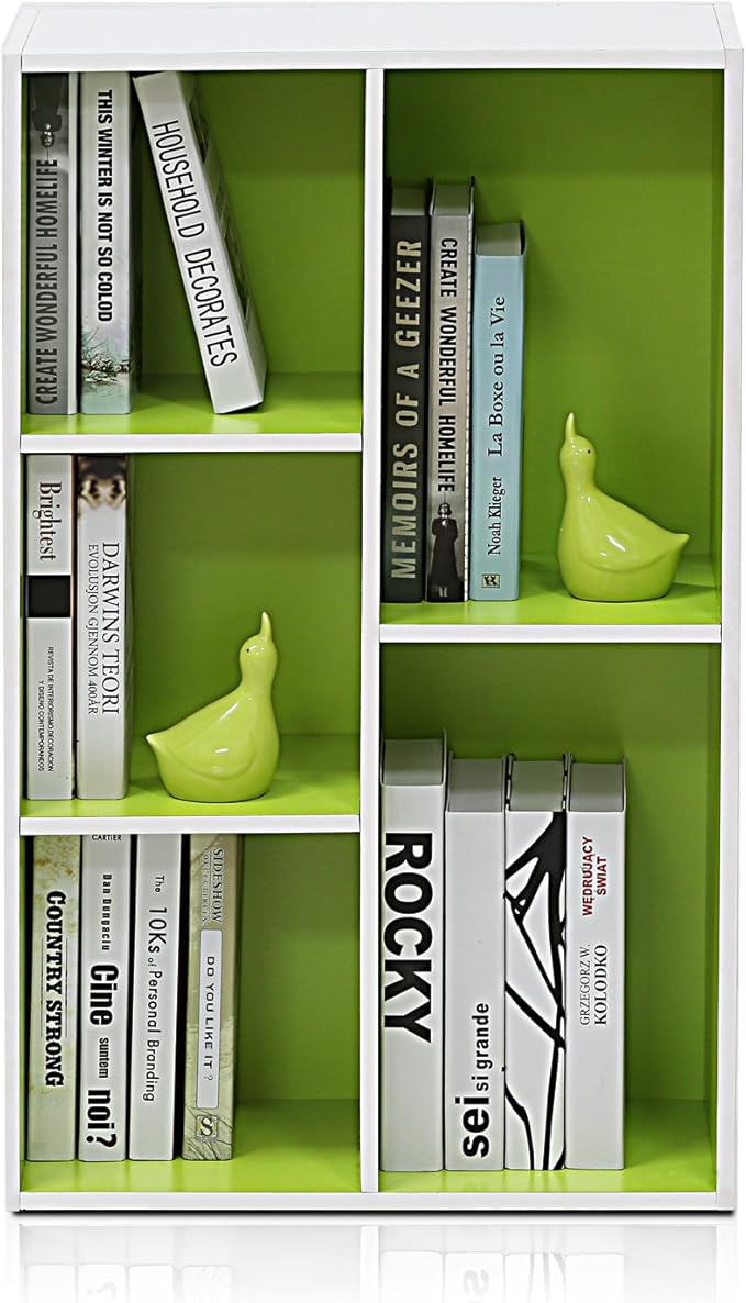 Furinno LUDER Book Shelf, 5-Cube Bookshelf, Reversible Bookcase, 9.4 x 19.5 x 31.5, for Living Room, Bedroom, Home Office, White/Green