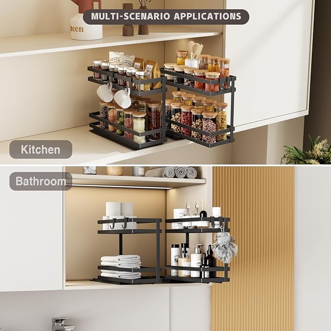 Pull Out Spice Rack Organizer for Cabinet, 1 Pack Metal Seasoning Organizer Slide Out Spice Storage Shelf No Assembly Vertical Spice Rack Pullout for Kitchen & Bahthroom No Drill(2 Tier,Black)