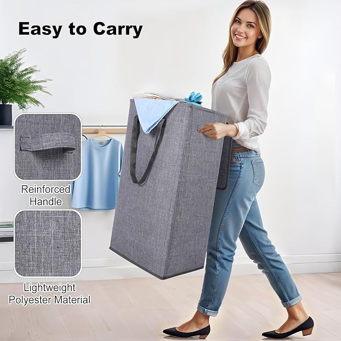 Odonata 75L Slim Laundry Hamper with Lid,Large Foldable Laundry Basket with Removable Bag and Handles Tall Collapsible Dirty Clothes Basket Great for Bedroom, Bathroom, Dorm, College,RV. (Grey, 75L)