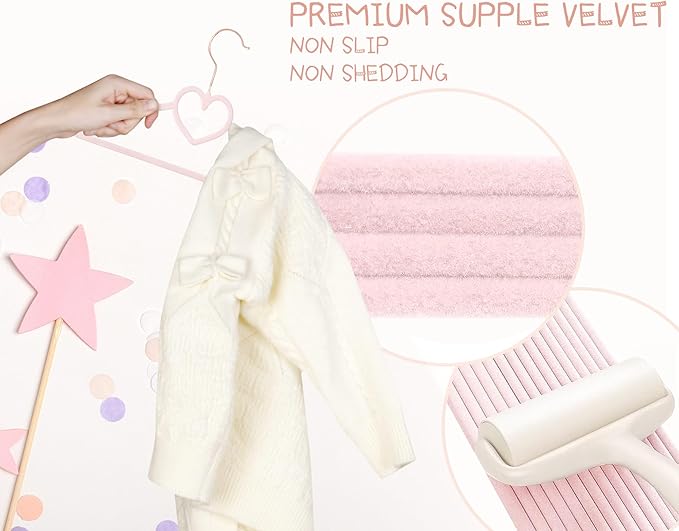 OneDream Pink Velvet Baby Hangers - 50 Pack 11inch Heart Toddler Hangers with 20pcs Clips, Non-Slip Strong and Durable Baby Clothes Hangers Without Slipping, Ultra Slim and Stackable Space Saving