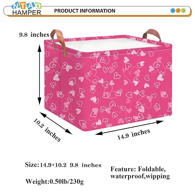 Rectangular Pink Heart Storage Basket,Gift Basket Empty,Heart Print Storage Basket with Handles,Books Box,Room Decor(Pink Hearts)