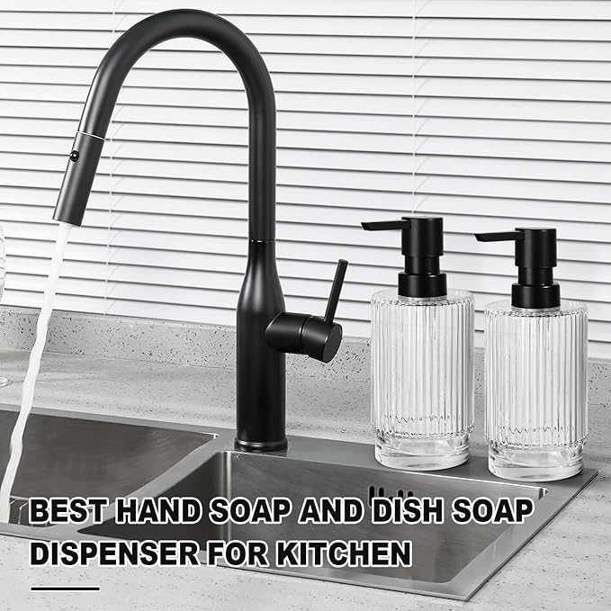 Glass Soap Dispenser with Pump, 2 Pack 11 fl oz Clear Hand Soap Dispensers for Bathroom, Ribbed Style Dish Soap Dispenser for Kitchen, Modern Refillable Liquid Soap Pump Bottle