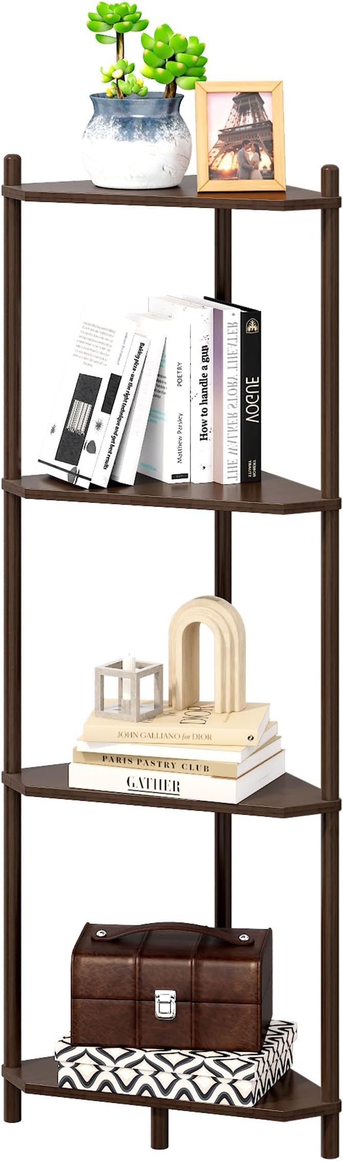Corner Shelf Stand - 4 Tier Bamboo Small Corner Bookshelf for Office Kitchen Bedroom Plant Stand Living Room Decor Small Space (Brown, 4 Tier)